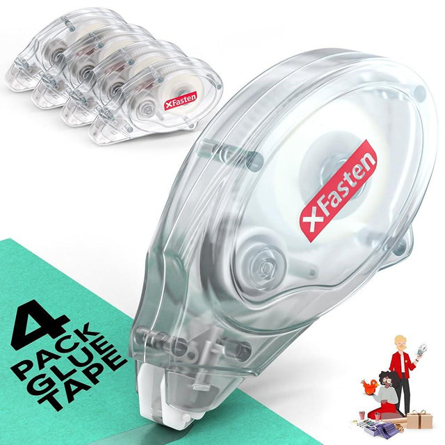 XFasten Glue Tape Roller Runner, Clear, Acid-Free, Zero-Jamming 0.3-inch x 360-inch (4-Pack, 1440-inches Total) Double Sided Gift Wrapping Tape for Scrapbooking, Journal, Photo, Card Making