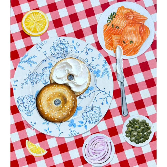 Impasto Oil Painting: Bagel with Cream Cheese, Farmhouse Wall Art