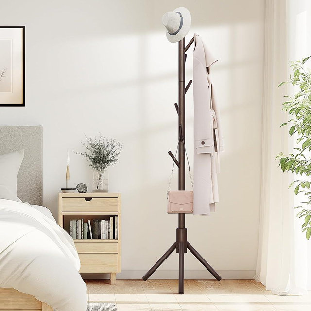 COLAMY Wooden Coat Rack, Free Standing Coat Tree with 7 Hooks for Entryway,Bedroom, Entrance, Office, for Coats, Hats, Scarves, Handbags(Brown)