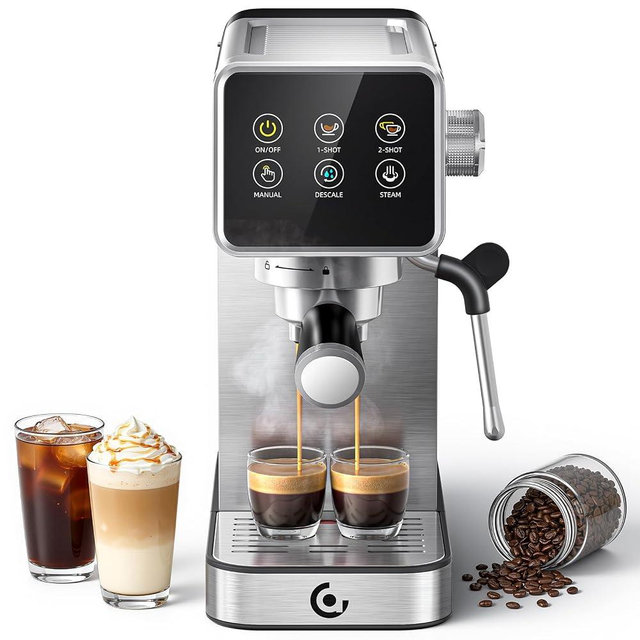 AMZCHEF Espresso Machine 20 Bar, Easy-to-Use Compact Coffee Maker with LED Touchscreen, Self-Cleaning & Milk Frother, Perfect Coffee Starter for Beginners, Lattes and Cappuccinos Machine