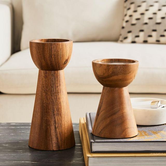 Pure Wood Pillar Candle Holder, Set of 2, Small and Large