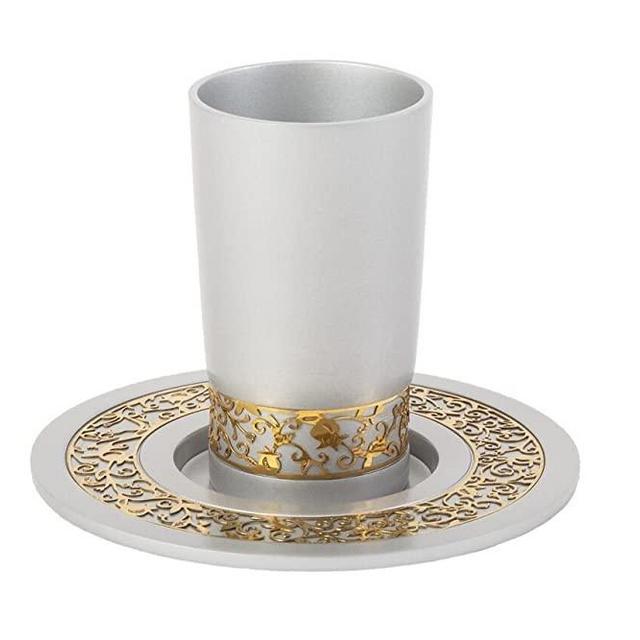 Wine Goblet Anodized Aluminum Decorated with Lace Designed by Artist Yair Emanuel (Silver Cup with Gold Lace)
