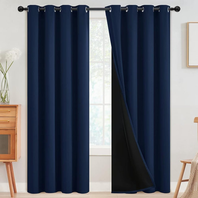 SimpleHome 100% Blackout Curtains for Bedroom,Thermal Insulated Navy Blue Grommet Window Drapes Room Darkening Curtains for Living Room with Black Back,52 x 90 Inch,2 Panels