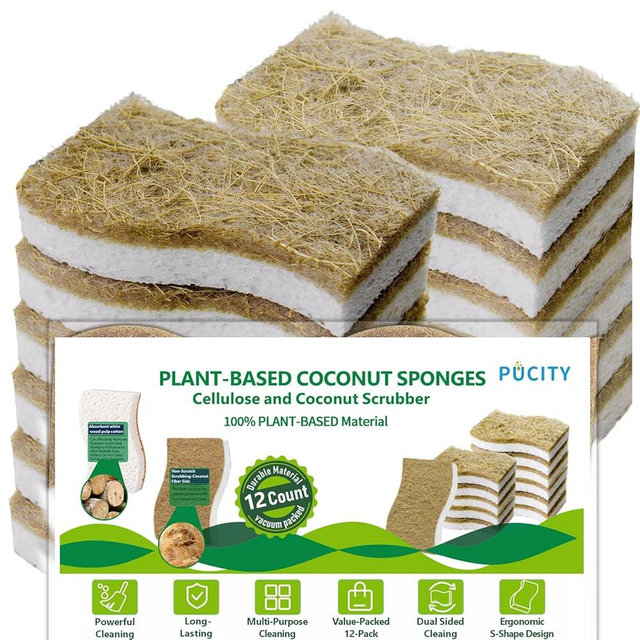 Sponges Kitchen Natural Dish Sponge Plant-Based Biodegradable Compostable Cellulose with Coconut Scrubber Sponge Non Scratch Eco Friendly Kitchen sponges for Kitchen Dishes（Pack of 12）