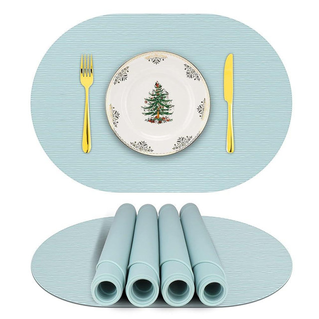 Silicone Placemats, Oval Placemats for Dining Table, Placemats Set of 4, Non-Slip Waterproof Heat Resistant Table Mat, Outdoor Placemat for Patio Table (Light Blue-Oval)