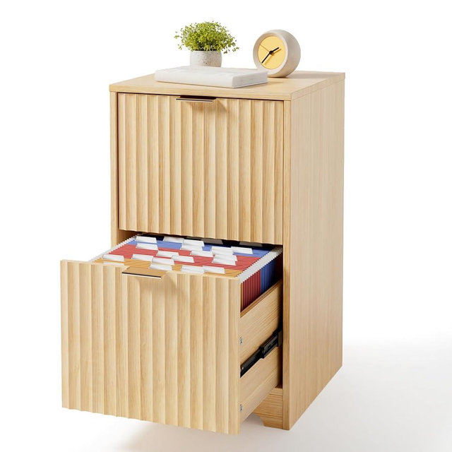 VINGLI 2 Drawer File Cabinet, Home Office Filing Organizer, for Letter Size File Folder Storage, Modern Style Fluted Design, Wood Vertical Filing Cabinet, Printer Stand, Archivador (Oak)