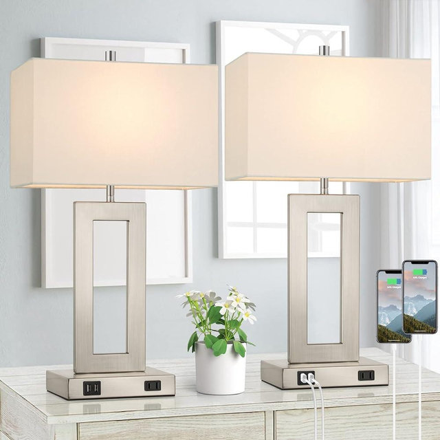 22'' Tall Table Lamps for Bedroom Set of 2, Silver Bedside Touch Control Lamp with 2 USB Ports&AC Outlet, Modern Living Room Table Lamp for Nightstand End Table, 3-Way Dimming with 2 E26 Edison Bulbs