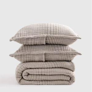 Organic Cotton Channel Stitch Coverlet Set in Taupe