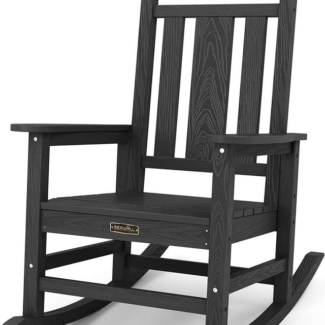 SERWALL Oversized Rocking Chair Outdoor, HDPE Outdoor Rocking Chair for Adults, Heavy Duty Front Porch Rocker Black