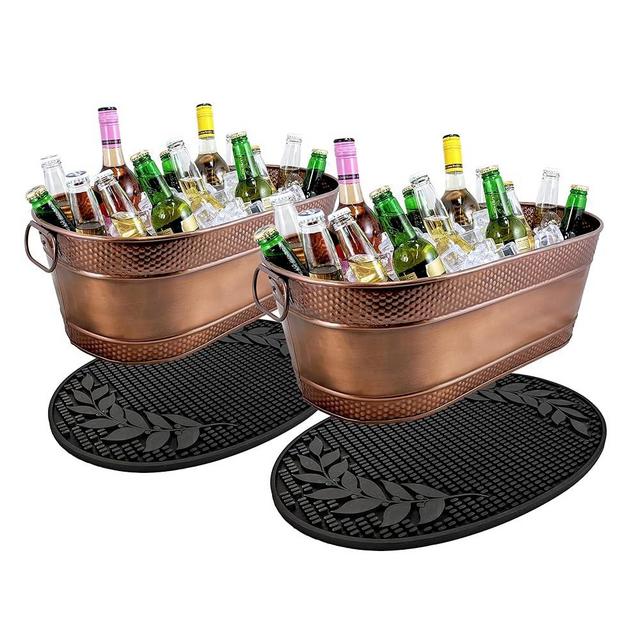 BREKX Copper Finish Drink Tubs + Insulated Party Mats for Parties, Bronze Ice Buckets (Set of 2 tubs + 2 Bar Mats)