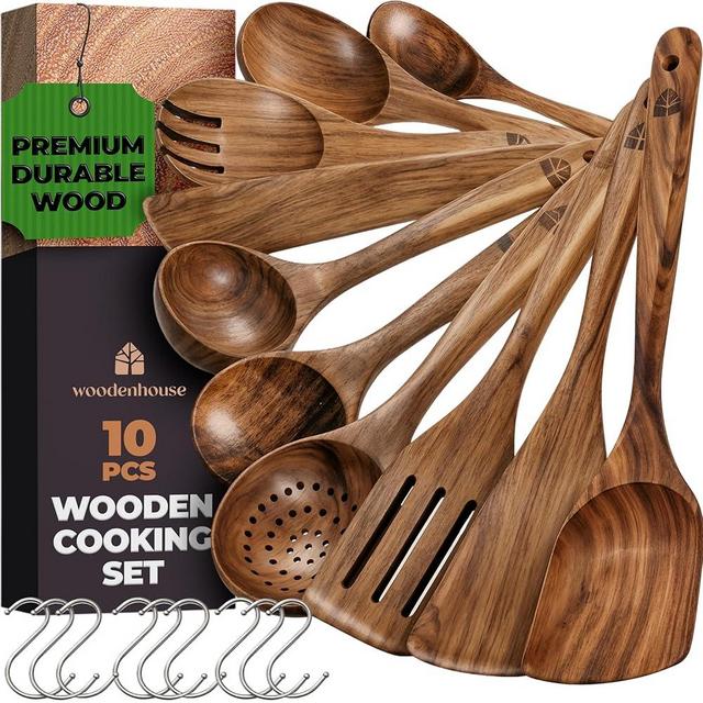 Wooden Spoons for Cooking – 10 Pcs Premium Teak Wooden Utensil Set with Hooks - Durable, Nonstick Safe, Easy to Clean & Heat Resistant with Ergonomic Handles