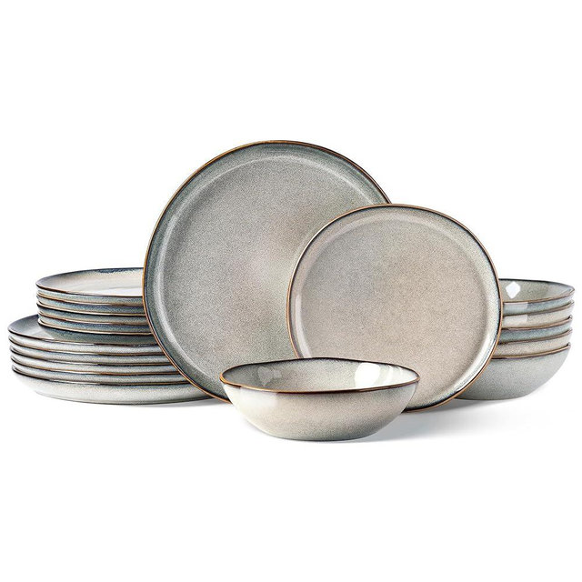 GBHOME Stoneware Dinnerware Sets for 6, 18 Pieces Rustic Earthenware Plates and Bowls Set, Handmade Reactive Glaze Ceramic Plate Sets, Chip Resistant Dishes, Microwave & Dishwasher Safe, Wheat Green