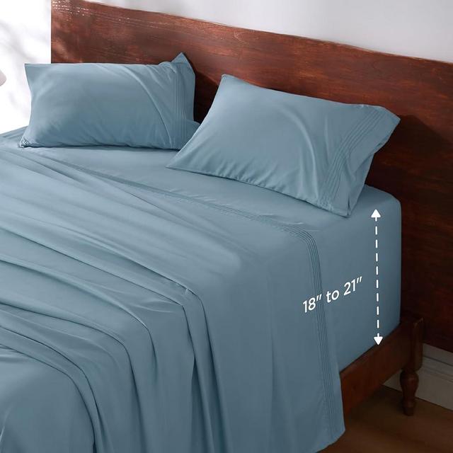 Bedsure Deep Pocket Queen Sheets Set - Fits Mattresses Up to 21" Thick, 4 Piece Air Mattress Sheets with Deep Pocket, Moisture Wicking Soft Cooling Bedding Sheets & Pillowcases, Mineral Blue