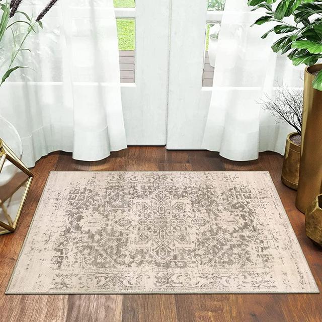 Morebes Persian Grey Entryway Rug, Small 2x3 Rug Non-Slip Front Door Bath Mat Indoor Distressed Medallion Washable Throw Rug, Non-Shedding Medallion Floor Carpet for Bedroom Kitchen