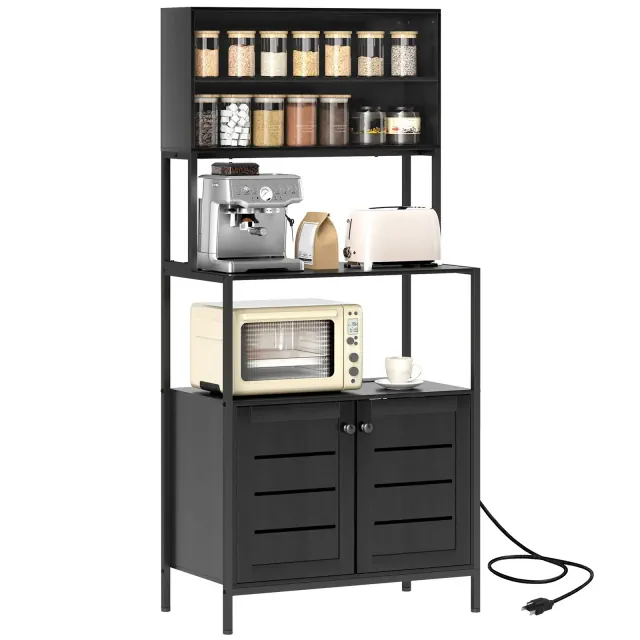 HOMCOM Baker's Rack with Power Outlet, Coffee Bar Cabinet with Storage Shelves, Microwave Stand with Louvred Door Cabinets, Black