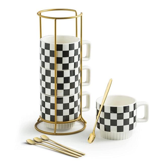 Miamolo Stackable Coffee Mug Set of 4 with Rack 13.5 oz Tea Cup Set with Tea Spoon Perfect for Coffee, Tea, Cocoa, Milk Chessboard Black and White Pattern Coffee Mug as Christmas Gifts