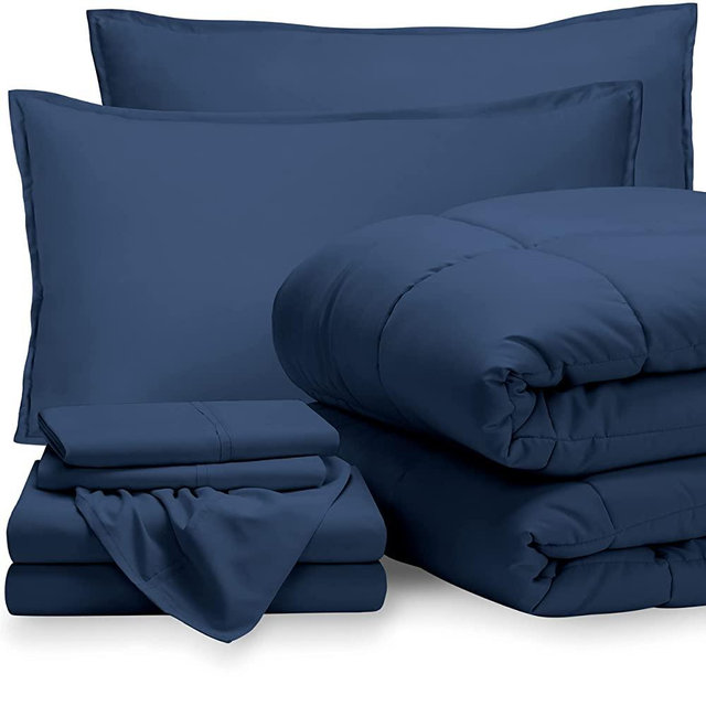 Bare Home Bedding Set 7 Piece Comforter & Sheet Set - Queen - Goose Down Alternative - Ultra-Soft 1800 Premium - Bedding Set (Queen, Dark Blue/Dark Blue)