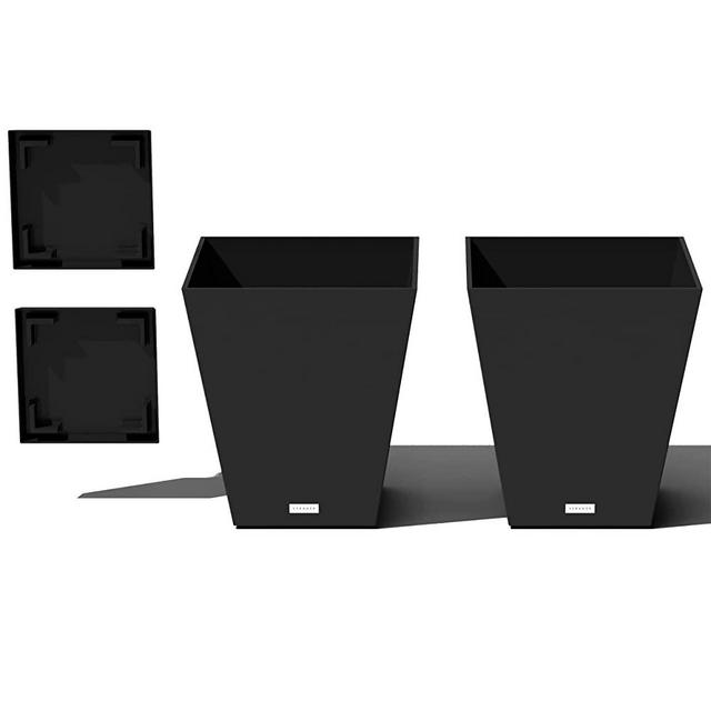 Veradek Nobleton Indoor/Outdoor Wide Square Planter (Black, 18 inch - 2 Pack with 2 Saucer Trays)