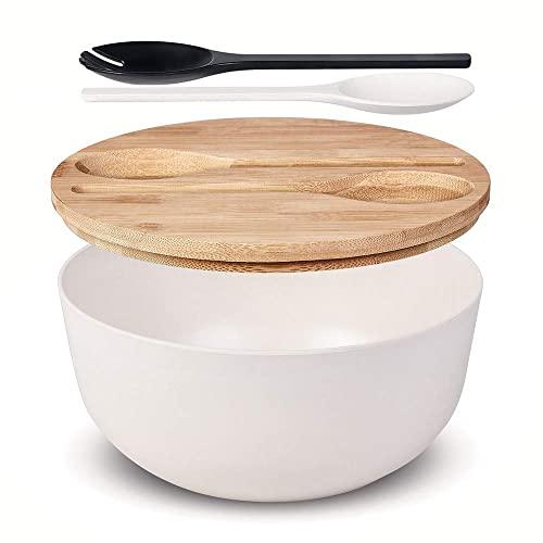 Bamboo Fiber Large Serving and Salad Bowl Set with Tongs, White Mixing Bowl with Lids 10Inches for Pasta,Fruit,Veggies to Replace Wooden Bowls