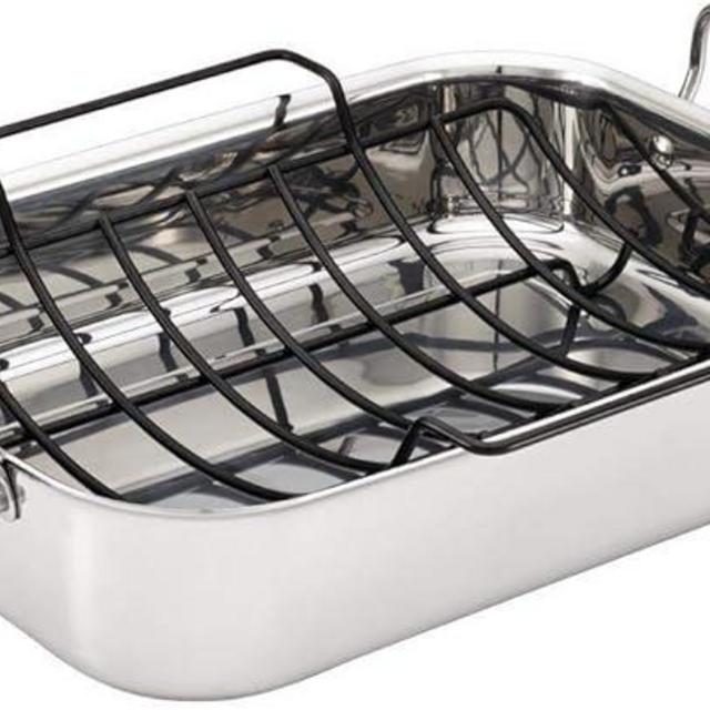 Anolon Triply Clad Stainless Steel Roaster / Roasting Pan with Rack - 17 Inch x 12.5 Inch, Silver