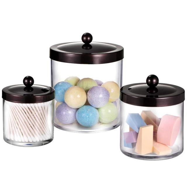Premium Quality Apothecary Jars - Clear Plastic Storage Jars with Rust Proof Stainless Steel Lids - Bathroom Vanity Countertop Storage Organizer Canister Holder House Decor | Set of 3 (Bronze)