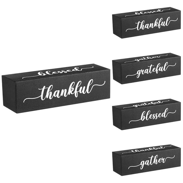 Jetec Four Sided Inspirational Block Sign Rustic Wooden Blessed Gather Thankful Grateful Signs Tabletop Block Decor for Office Home Farmhouse Tabletop, Bookshelf, Tiered Tray Decor(Black)