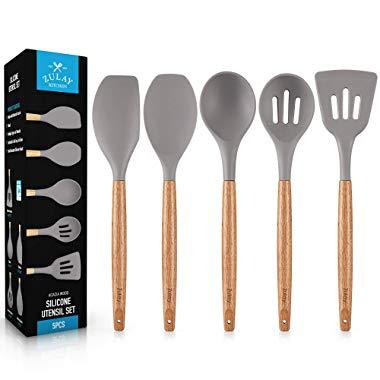 Premium 5 Piece Silicone Utensils Set with Authentic Natural Acacia Hardwood Handles, All Purpose Silicone Spatulas Kitchen Set, Wood Cooking Utensils Set Safe for Non-Stick Cookware by Zulay Kitchen