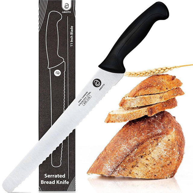 ABIOTO Serrated Bread Knife for Homemade Bread - Perfect 11-Inch Sourdough Bread Knife Made of High Carbon Stainless Steel X30 Cr13 with One-Sided Sharp Serrations and Ergonomic Handle