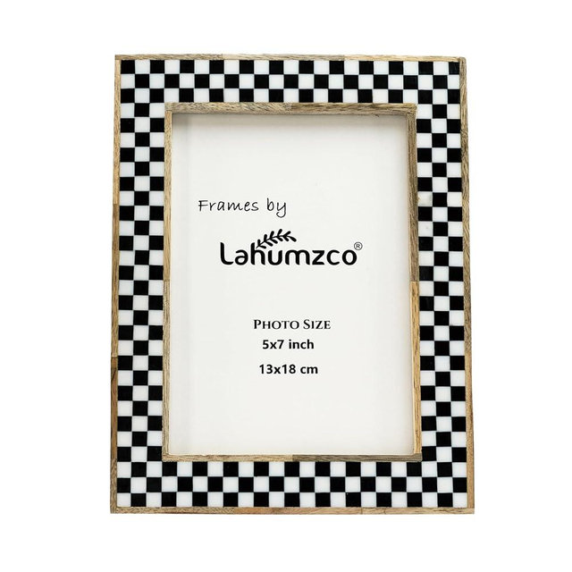 Lahumzco 5x7 Handmade Photo Frame – Black & White Checkered Wood Pattern, Vintage Rustic Style, Tabletop/Wall Decor, Decorative Gift Boho Picture Frame for Farmhouse & Office