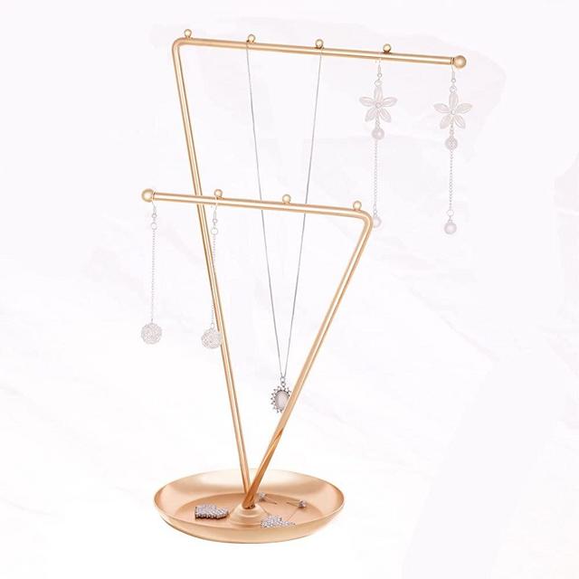 Jewelry Organizer, 2-Tier Triangular Hanging Bar Countertop Free, Jewelry Display Stand With Round Tray, Dressing Table Organizer by Julymood