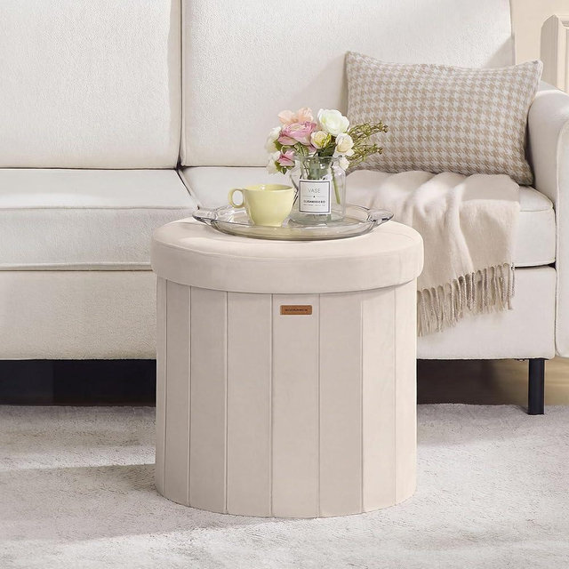 SONGMICS Mazie Collection - Round Storage Ottoman, Folding Footrest Stool with Removable Lid, Easy Assembly, Velvet Vanity Stool for Bedroom, Living Room, Entryway, Cappuccino Beige ULSF608L01
