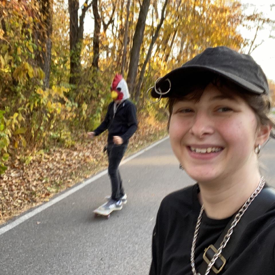 Skating together ! (and yes, waldo is the one in the chicken mask)