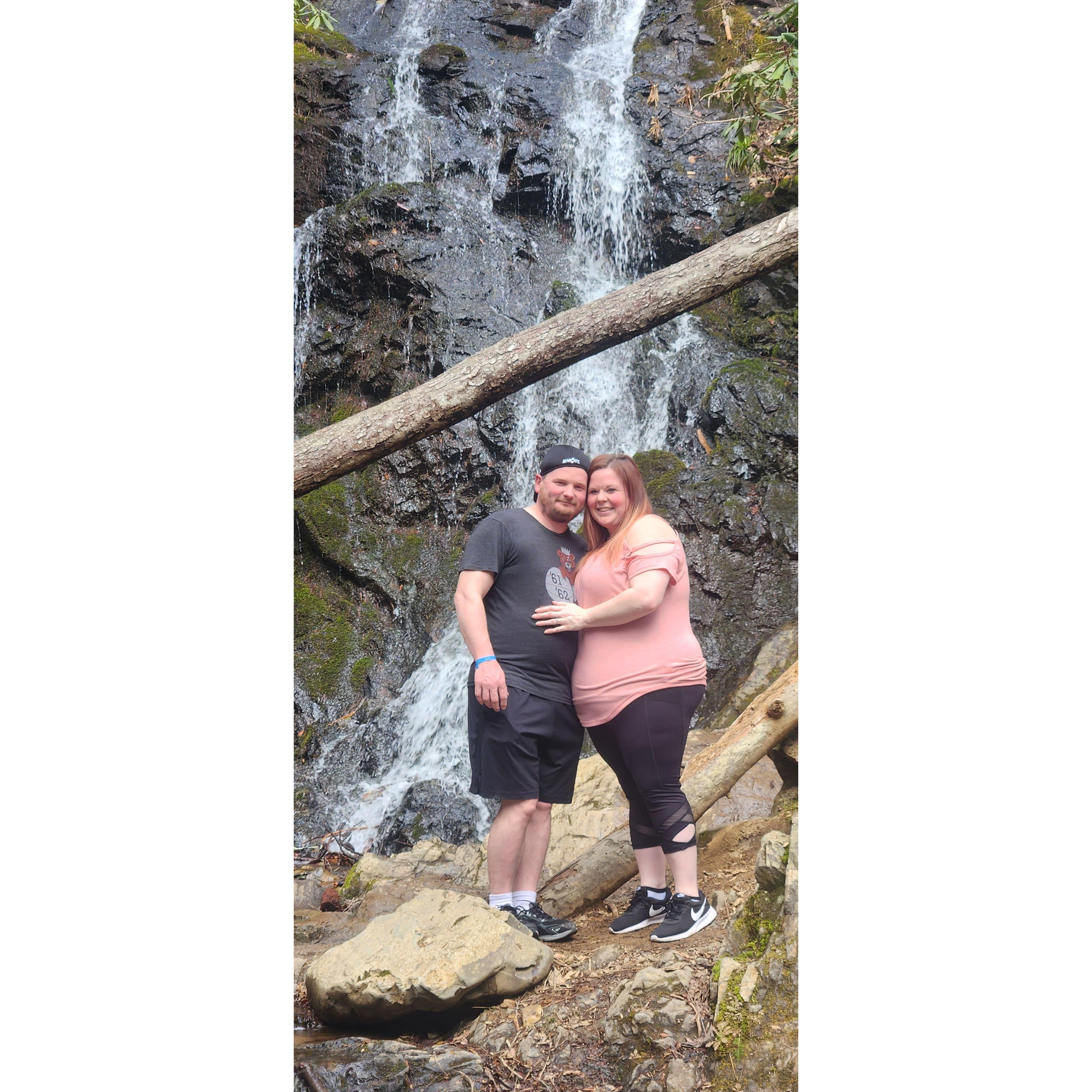 In front of Cataract Falls where he proposed to me.