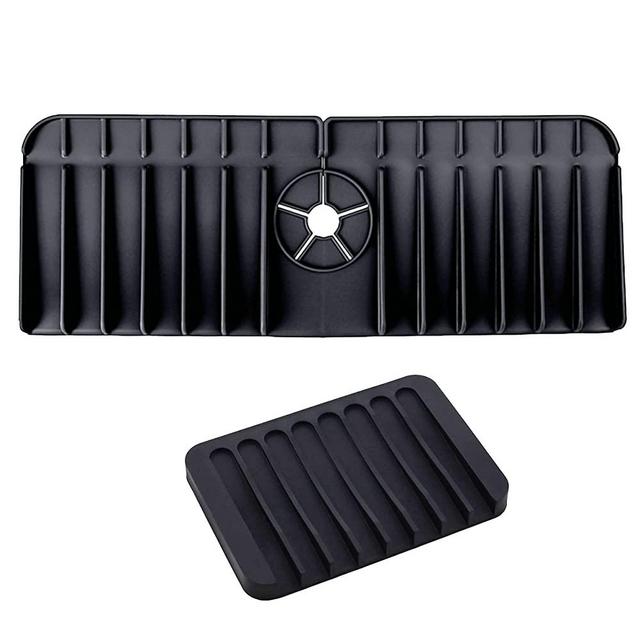 Kitchen Sink Splash Guard With Extra Soap Tray , Silicone Faucet Handle Drip Catcher Tray , Sink Splash Guard , Faucet Splash Guard for Kitchen and Bathroom , Kitchen Faucet Mat (Black)