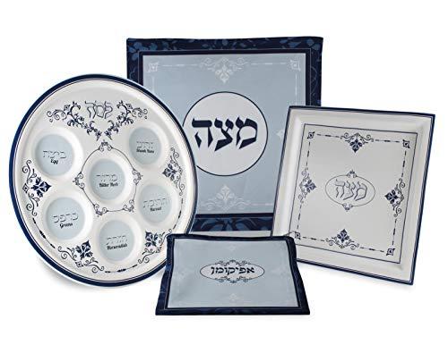 Zion Judaica Passover Seder TableTop Renaissance Collection Seder Plate, Matzah Plate, Matzah Cover Square or Round, Afikomen Bag Available Individually or Complete Set (Complete Set (Square Cover))