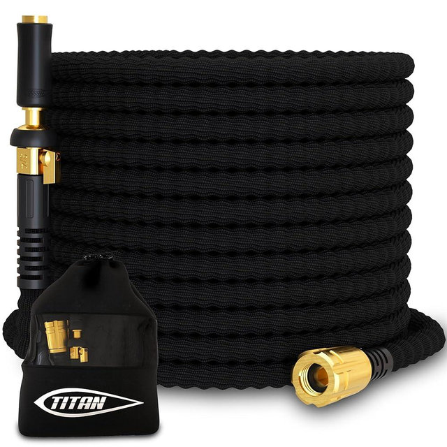 TITAN Garden Hose 100FT | NON-EXPANDING Durable, Flexible, Ultra Lightweight, Extra Strength Fabric Hybrid Water Hose, Heavy Duty Brass Connectors, With Jet Nozzle For Home, Marine, RV