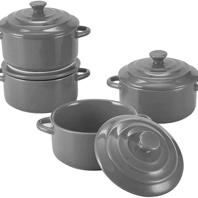 Bruntmor 8.5 Ounce Mini Cocotte Ceramic Ramekins for Baking, Mini Casserole with Lid, Souffle Dish (Grey)