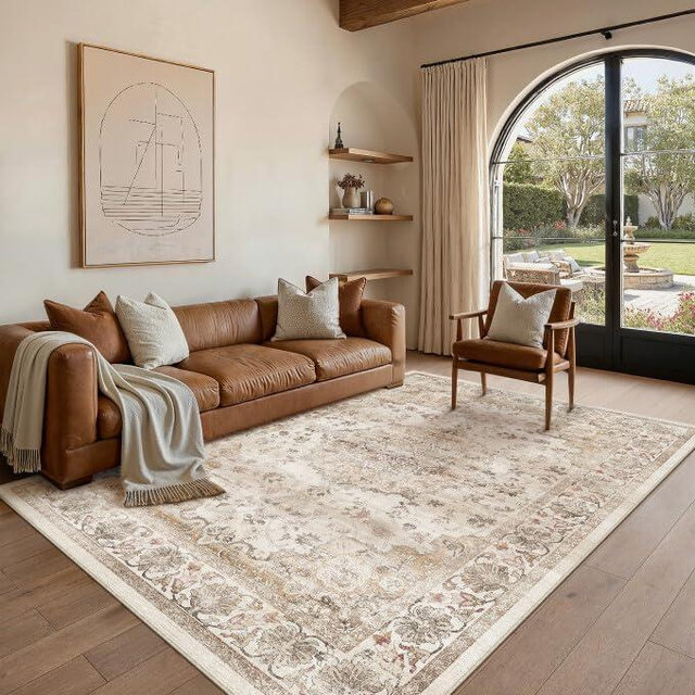 PureCozy Washable 6x9 Area Rug for Living Room Beige Vintage Large Rug Non-Slip Soft Low Pile Carpet Floral Stain Resistant Indoor Office Throw Rug for Bedroom Dining Room Nursery