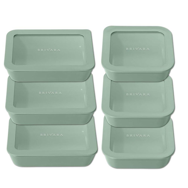BRIVARA HOME Ceramic Coated Glass Food Storage Container | No PTFE, PFOA, PFAS, and BPA | Reusable Non Toxic Meal Prep Container with Glass Lid | Easy To Store | 6 Piece Food Prep [Willow]