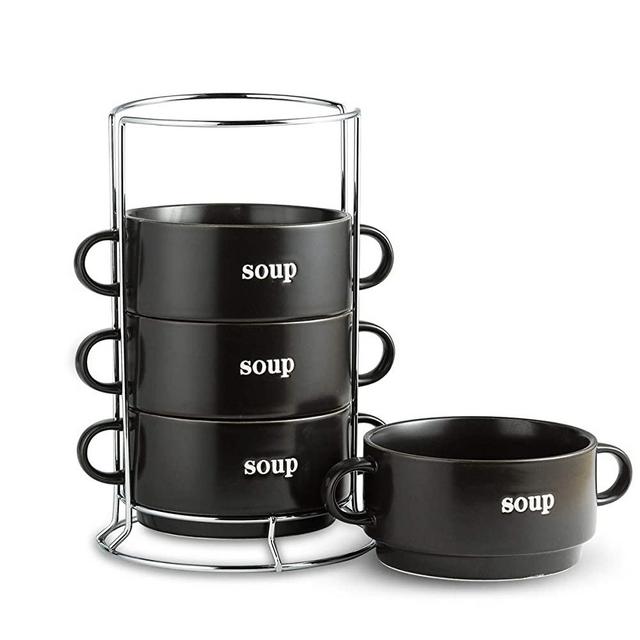 27 Ounces Soup Bowl Set with Handles 27 Ounce Soup Bowls with Serving Stand for Soup, Cereal, Desserts, Chill Set of 4 Stackable Soup Crock