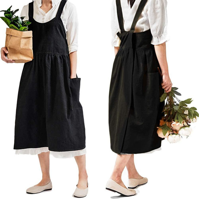 NEWGEM Cotton Linen Cross Back Apron for Women with Pockets for Cooking Baking Black without Waist Ties