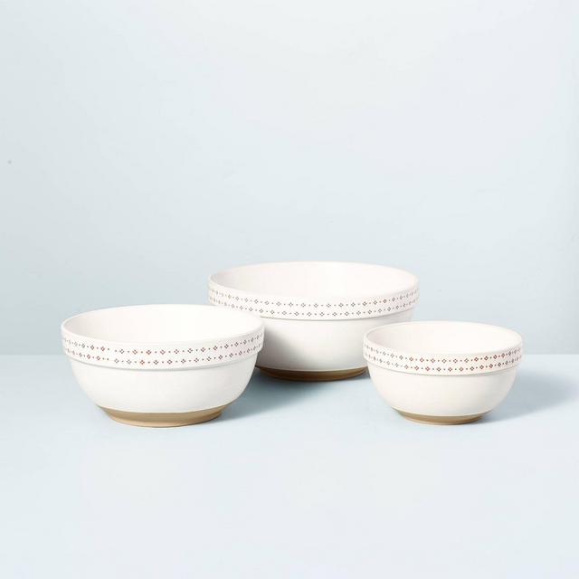 3pc Embossed Fleck Trim Stoneware Mixing Bowl Set Red/Cream - Hearth & Hand™ with Magnolia