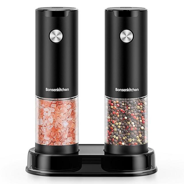 Bonsenkitchen Electric Salt and Pepper Grinder Set, 2 Pack Automatic Salt & Pepper Mill Shakers with LED Light, Adjustable Coarseness, Storage Base, 95ml Large Capacity, Battery Operated(Not Included)