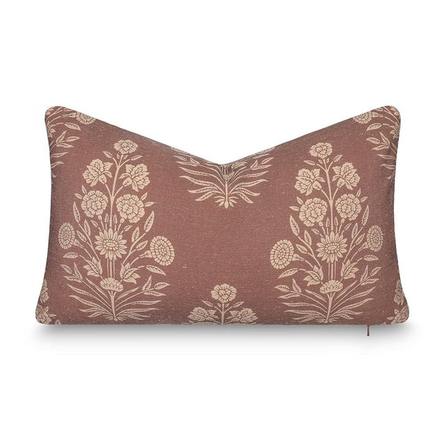 Crumbs Home Modern Farmhouse California Casual Indoor Outdoor Lumbar Pillow Cover, 12"x20" Water Repellent for Patio, Backyard, Couch, Poolside, Cocoa Brown Tan Print Floral