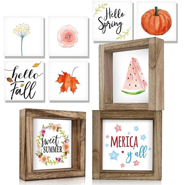 KIBAGA Farmhouse Home Decor Signs - Set of 3 Frames with 18 Interchangeable Sayings for Summer Decorations - 6"x6" Centerpiece Frames for Seasonal Living Room Coffee Table, Wall and Tiered Tray Decor