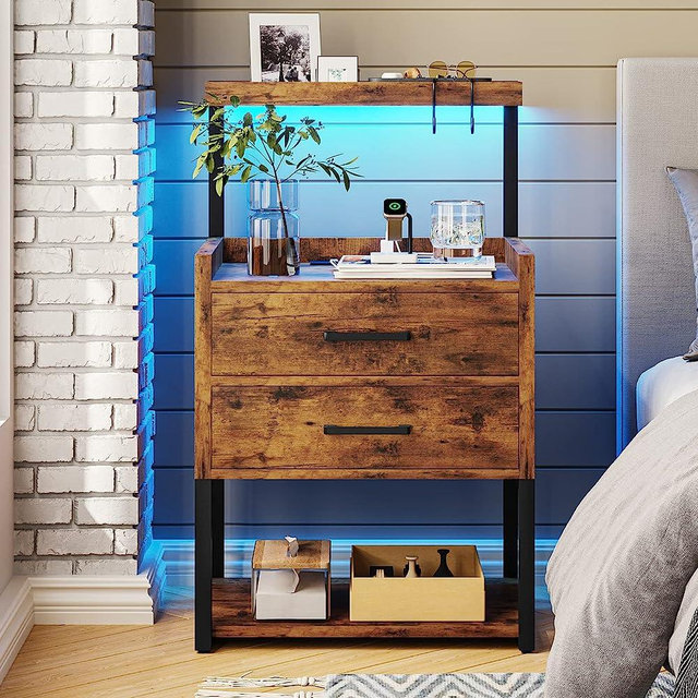 AOGLLATI Nightstand with LED Lights and Charging Station, 2 Drawers Bedroom Night Stand, 2 USB Ports, 2 Outlets, Bed Side Table with Storage Shelves, Rustic Brown
