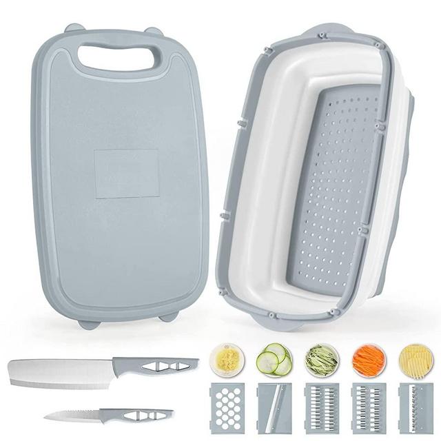 Gintan Camping Cutting Board, 9-in-1 Collapsible Chopping Board with Colander,Camping Gifts for Campers Happy Camper Camping Accessories for RV Campers (grey)