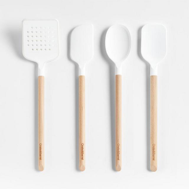 Crate & Barrel Black Silicone and Wood Utensils, Set of 4 - Black