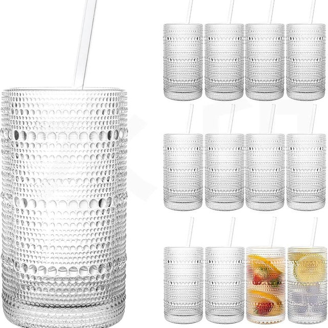 15-Piece Hobnail Glasses Set – 16 oz / 480 ml Vintage Drinking Glasses with Straws, Thick Embossed Highball Cups for Water, Iced Coffee, Juice, Cocktails, Kitchen or Bar