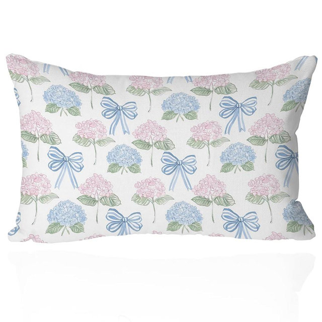 Vintage Hydrangea Pillow Cover 12x20 – Pastel Floral Cushion with Blue Bows – Grandmillennial Cottagecore Throw Pillow for Coquette Bedroom or Feminine Home Decor